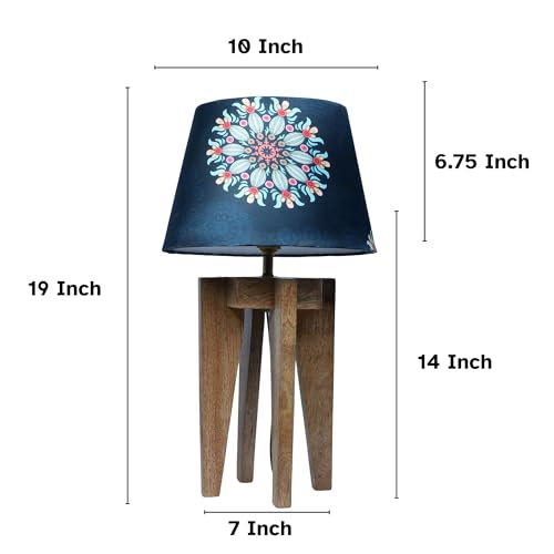 tu casa Handcrafted Wooden Table Lamp with Decorative Mandala Fabric Shade | Modern Bedside & Living Room Lamp | 25.4 x 25 x 41 cm.Floral Print with Satin Shade - Image 2