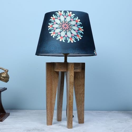 tu casa Handcrafted Wooden Table Lamp with Decorative Mandala Fabric Shade | Modern Bedside & Living Room Lamp | 25.4 x 25 x 41 cm.Floral Print with Satin Shade - Image 5