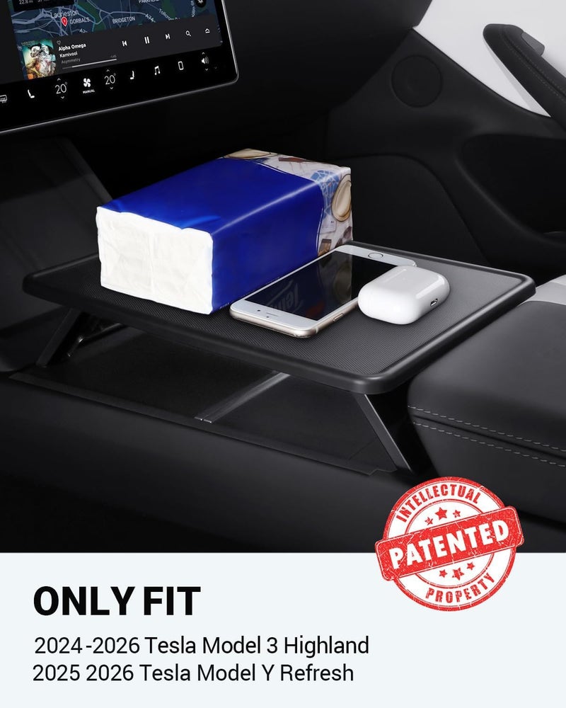 BASENOR 2026 2025 Tesla Model Y Juniper & Model 3 Highland Center Console Table Tray Anti-Slip Foldable Car Food Eating Laptop Desk for Road Trips, Model Y/3 Accessories (Standard/Premium/Performance) - Image 2