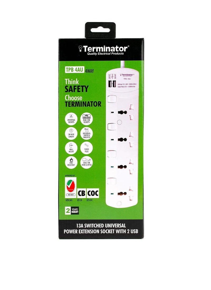 Terminator 4 Way Universal Power Extension Socket With 2 USB White/Green  - Image 1