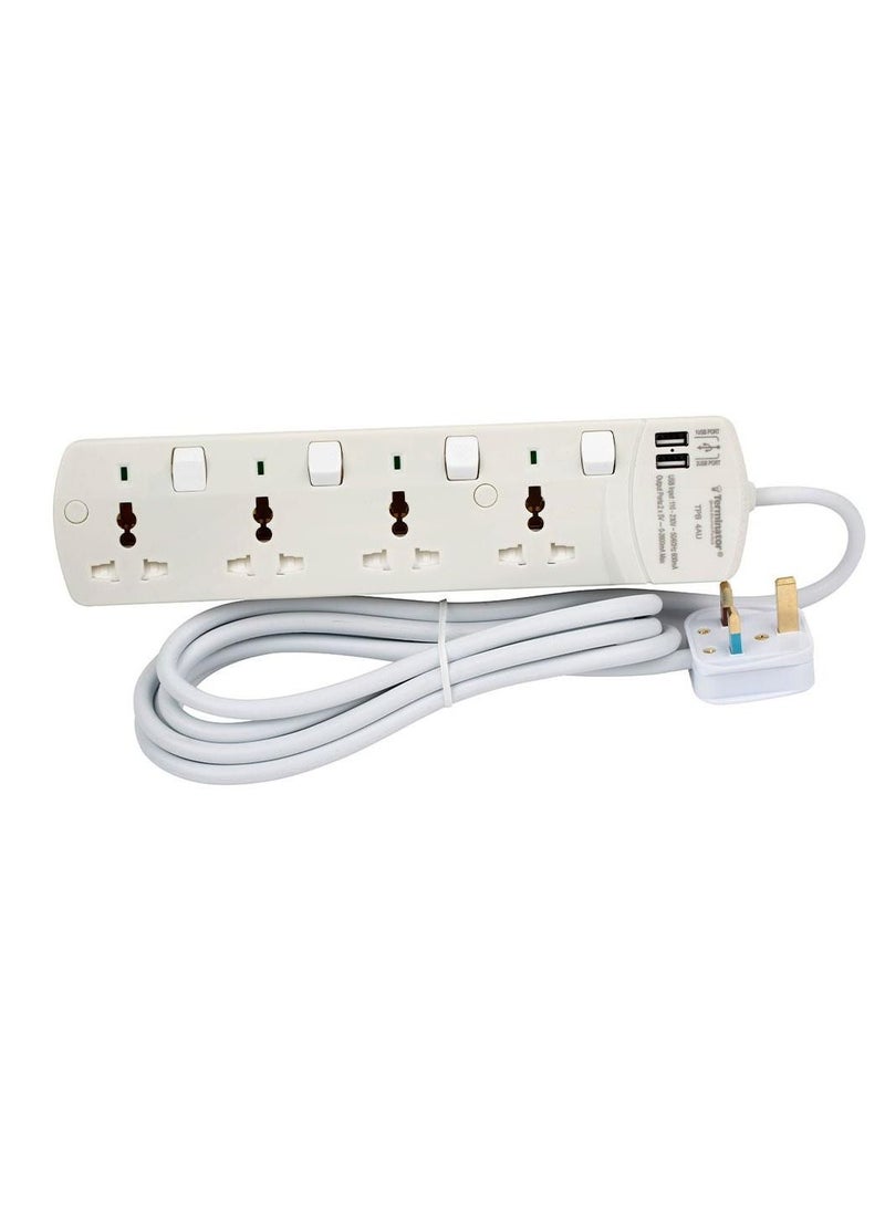 Terminator 4 Way Universal Power Extension Socket With 2 USB White/Green  - Image 2
