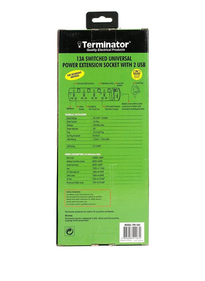 Terminator 4 Way Universal Power Extension Socket With 2 USB White/Green  - Image 3