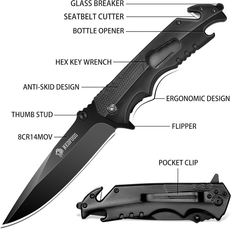 NedFoss FA48 Pocket Knife for Men, 5-in-1 Multitool Folding Knife with Frame-Lock, Bottle Opener, Glass Breaker, Seatbelt Cutter and Wrench, Survival Knife for Emergency Rescue, Camping, Work - Image 3
