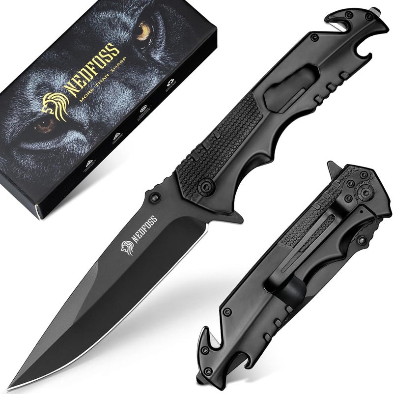 NedFoss FA48 Pocket Knife for Men, 5-in-1 Multitool Folding Knife with Frame-Lock, Bottle Opener, Glass Breaker, Seatbelt Cutter and Wrench, Survival Knife for Emergency Rescue, Camping, Work - Image 1