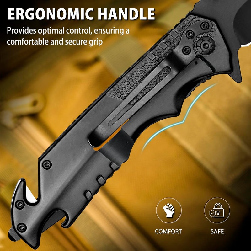 NedFoss FA48 Pocket Knife for Men, 5-in-1 Multitool Folding Knife with Frame-Lock, Bottle Opener, Glass Breaker, Seatbelt Cutter and Wrench, Survival Knife for Emergency Rescue, Camping, Work - Image 5