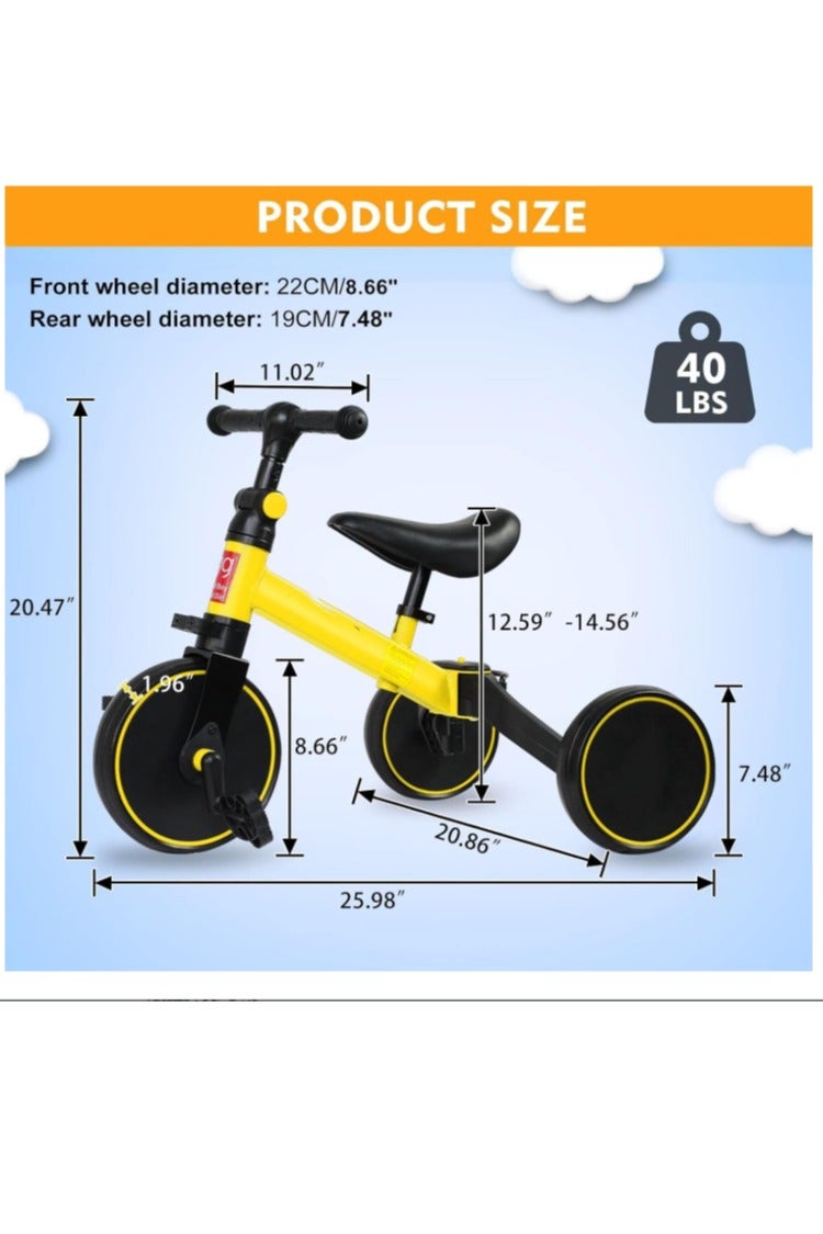 Kids Balance Bike Kids 4 IN 1Tricycles for 1-4 Years, Toddlers Trike with Adjustable Seat Indoor Outdoor, Boys Girls Kids yellow - Image 3