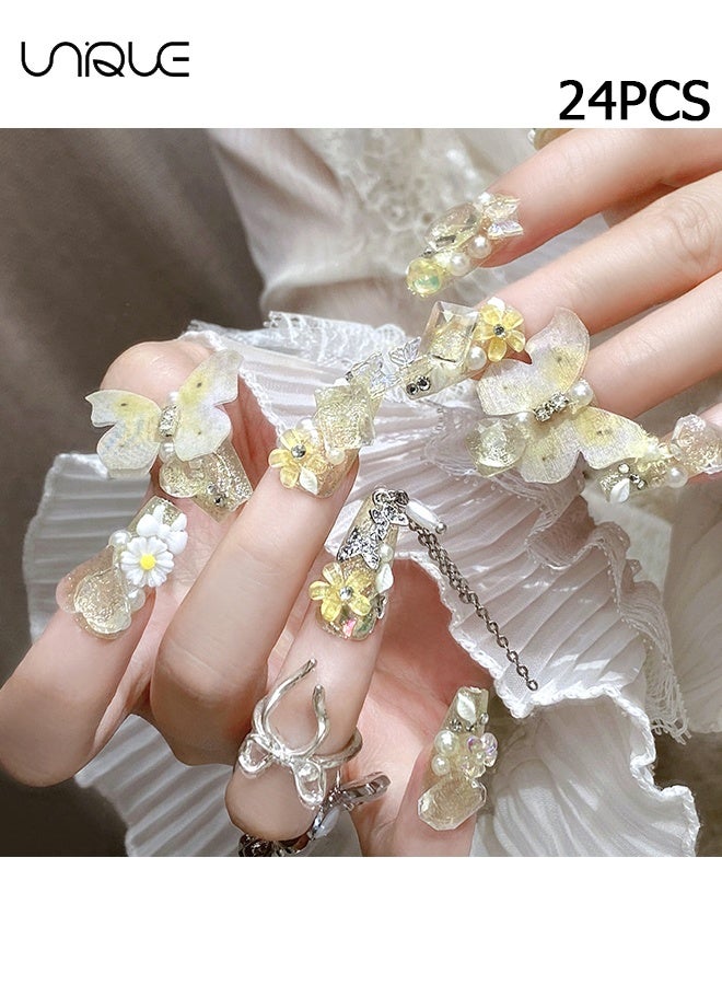 يونيك 24 قطعة أظافر صناعية - أظافر قابلة للارتداء بجودة الصالون - أظافر اضغطية - مناكير بطول متوسط على شكل باليه - فن أظافر فراشة متدرجة ثلاثية الأبعاد - أظافر متلألئة بأحجار الراين على شكل زهور - سلسلة أظافر فراشة صفراء متدرجة ثلاثية الأبعاد - لصقات أظافر صناعية - Image 1