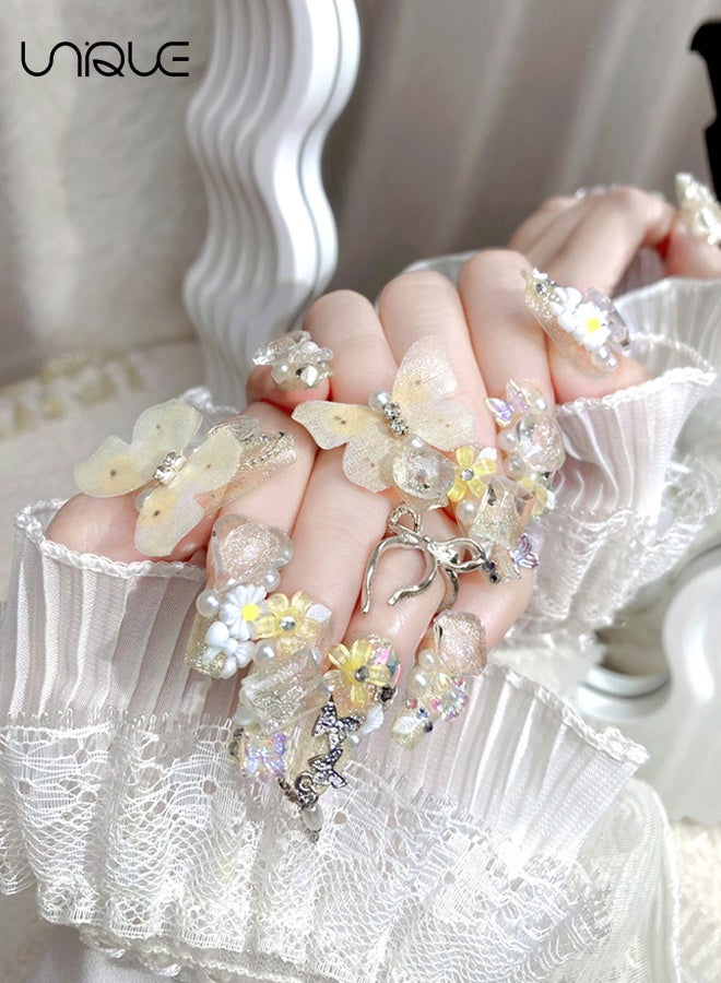 يونيك 24 قطعة أظافر صناعية - أظافر قابلة للارتداء بجودة الصالون - أظافر اضغطية - مناكير بطول متوسط على شكل باليه - فن أظافر فراشة متدرجة ثلاثية الأبعاد - أظافر متلألئة بأحجار الراين على شكل زهور - سلسلة أظافر فراشة صفراء متدرجة ثلاثية الأبعاد - لصقات أظافر صناعية - Image 5