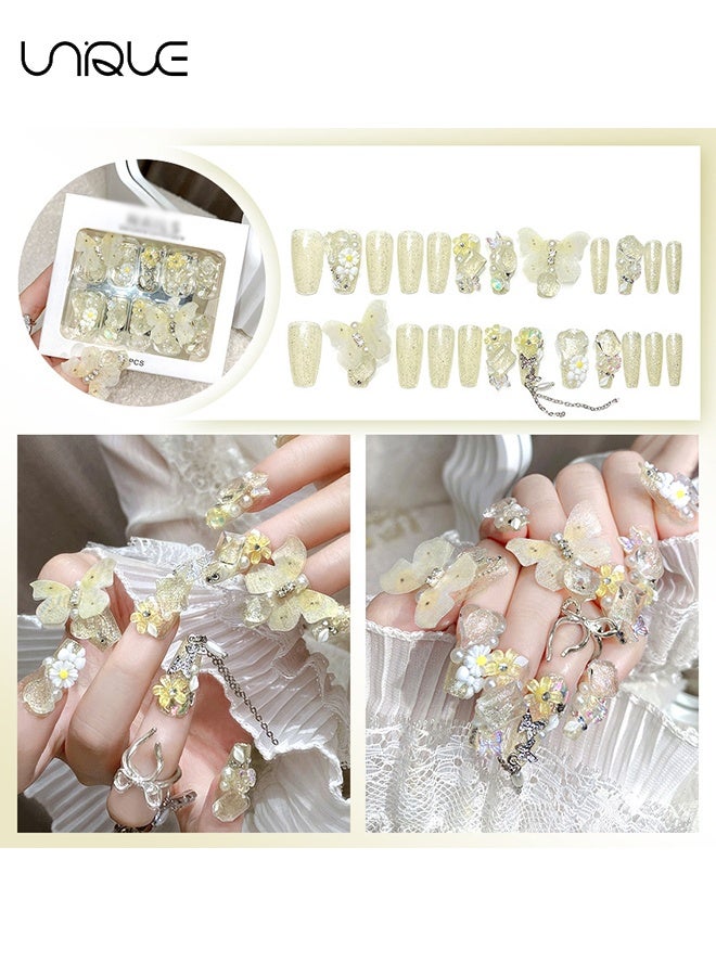 يونيك 24 قطعة أظافر صناعية - أظافر قابلة للارتداء بجودة الصالون - أظافر اضغطية - مناكير بطول متوسط على شكل باليه - فن أظافر فراشة متدرجة ثلاثية الأبعاد - أظافر متلألئة بأحجار الراين على شكل زهور - سلسلة أظافر فراشة صفراء متدرجة ثلاثية الأبعاد - لصقات أظافر صناعية - Image 2