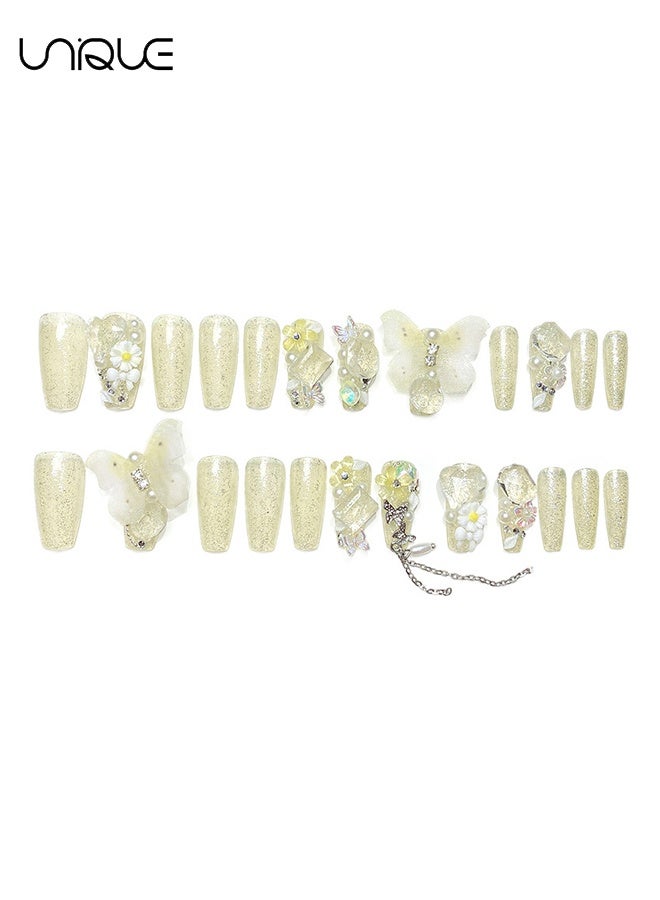 يونيك 24 قطعة أظافر صناعية - أظافر قابلة للارتداء بجودة الصالون - أظافر اضغطية - مناكير بطول متوسط على شكل باليه - فن أظافر فراشة متدرجة ثلاثية الأبعاد - أظافر متلألئة بأحجار الراين على شكل زهور - سلسلة أظافر فراشة صفراء متدرجة ثلاثية الأبعاد - لصقات أظافر صناعية - Image 3