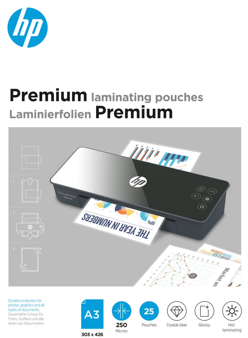 HP PREMIUM LAMINATING POUCHES A3, 250MIC, 25PCS/PKT_OLLM9128 clear