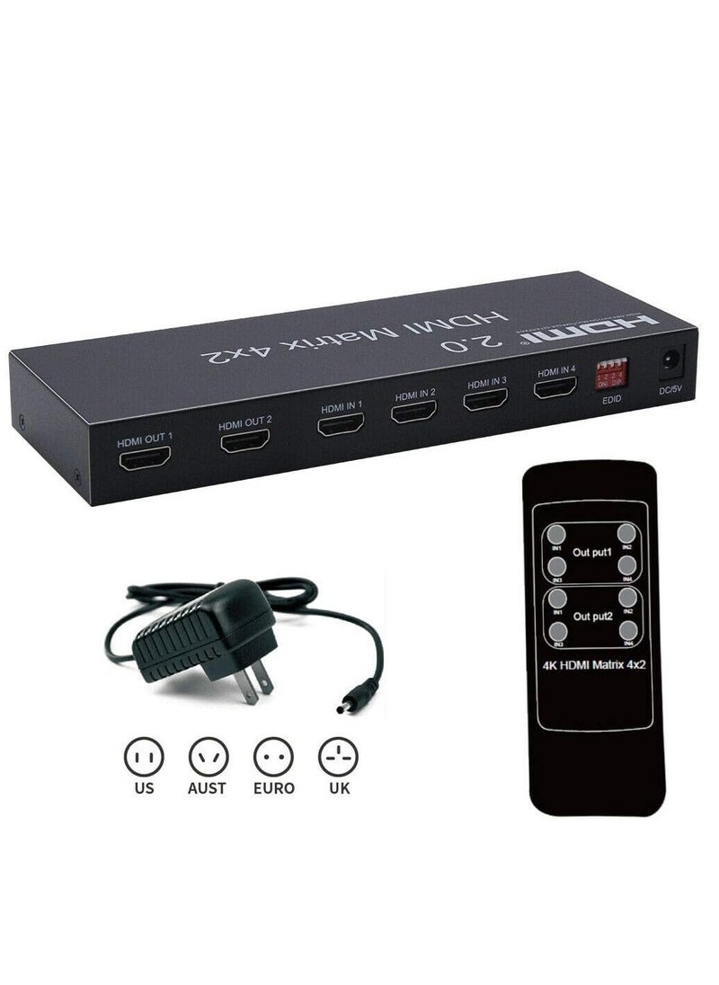 Generic - HDMI 2.0 Matrix Switch 4x2 4K 60Hz HDMI EDID Support Dual Audio Output by Optical and Stereo HDMI 2.0/3D/4K 4K 60Hz HDMI 2.0 Matrix 4 in 2 Output Splitter HDCP2.2 - - Image 1