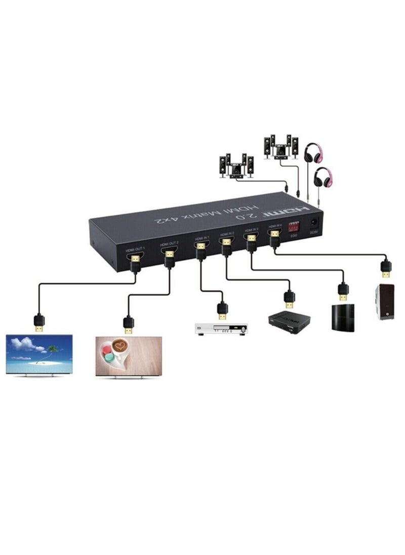 Generic - HDMI 2.0 Matrix Switch 4x2 4K 60Hz HDMI EDID Support Dual Audio Output by Optical and Stereo HDMI 2.0/3D/4K 4K 60Hz HDMI 2.0 Matrix 4 in 2 Output Splitter HDCP2.2 - - Image 1