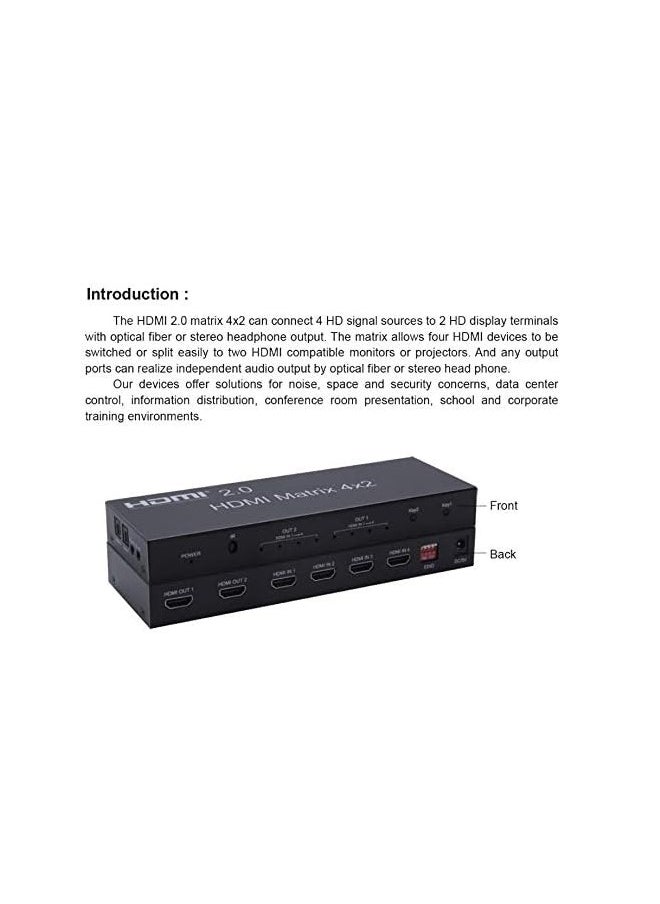 Generic - HDMI 2.0 Matrix Switch 4x2 4K 60Hz HDMI EDID Support Dual Audio Output by Optical and Stereo HDMI 2.0/3D/4K 4K 60Hz HDMI 2.0 Matrix 4 in 2 Output Splitter HDCP2.2 - - Image 1