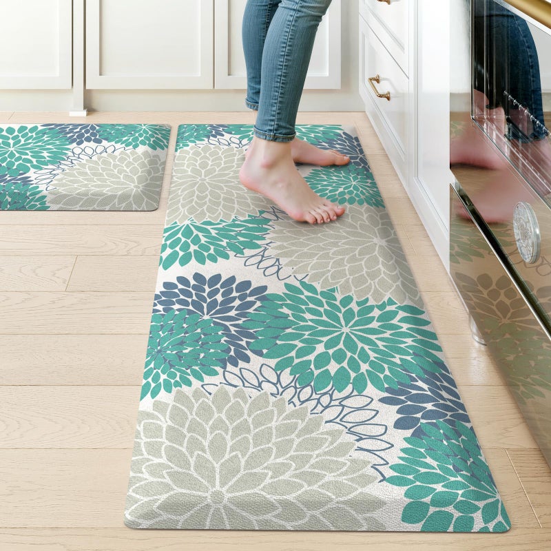 KIMODE Comfort Kitchen Mats for Floor Cushioned Anti Fatigue,Boho Floral Kitchen Rugs Sets of 2 Non Slip,Ergonomic Memory Foam Kitchen Mat for Laundry Sink Office Home,Blue/Green/White - Image 1