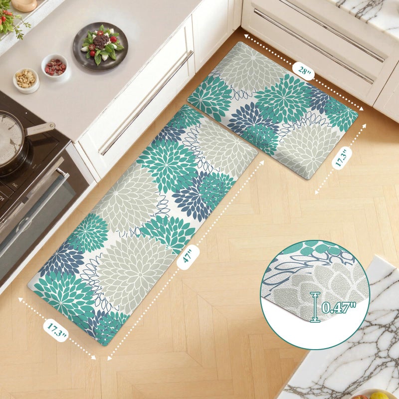 KIMODE Comfort Kitchen Mats for Floor Cushioned Anti Fatigue,Boho Floral Kitchen Rugs Sets of 2 Non Slip,Ergonomic Memory Foam Kitchen Mat for Laundry Sink Office Home,Blue/Green/White - Image 5