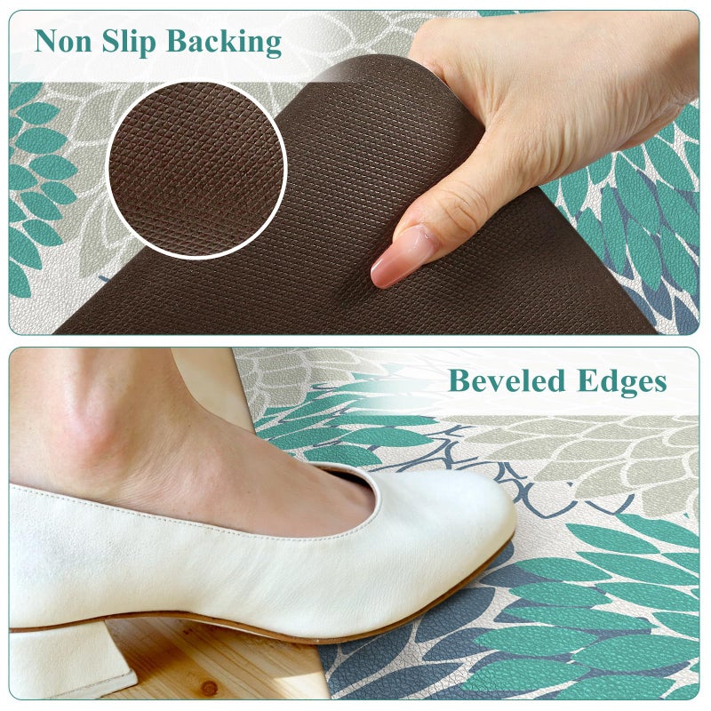 KIMODE Comfort Kitchen Mats for Floor Cushioned Anti Fatigue,Boho Floral Kitchen Rugs Sets of 2 Non Slip,Ergonomic Memory Foam Kitchen Mat for Laundry Sink Office Home,Blue/Green/White - Image 3