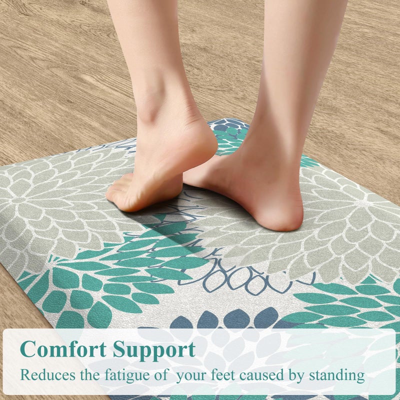 KIMODE Comfort Kitchen Mats for Floor Cushioned Anti Fatigue,Boho Floral Kitchen Rugs Sets of 2 Non Slip,Ergonomic Memory Foam Kitchen Mat for Laundry Sink Office Home,Blue/Green/White - Image 2