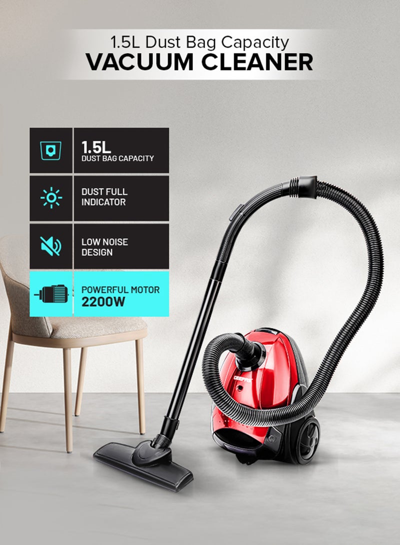 GEEPAS Vacuum Cleaner With 1.5 L Dust Bag Capacity and Dust Full Indicator| Powerful Suction and Low Noise| Includes Flexible Hose, Plastic Insert Tube and Plastic Floor Brush| Pedal Switch and Auto Rewinding 1.5 L 2200 W GVC2594 Red/Black - Image 1
