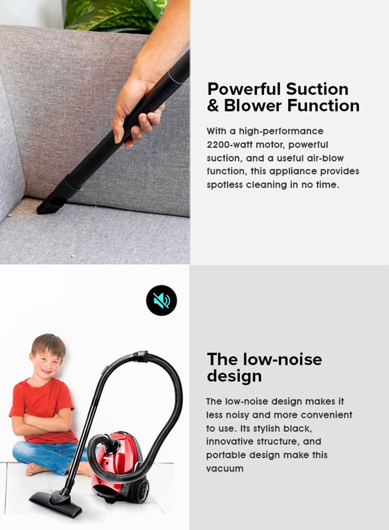 GEEPAS Vacuum Cleaner With 1.5 L Dust Bag Capacity and Dust Full Indicator| Powerful Suction and Low Noise| Includes Flexible Hose, Plastic Insert Tube and Plastic Floor Brush| Pedal Switch and Auto Rewinding 1.5 L 2200 W GVC2594 Red/Black - Image 5