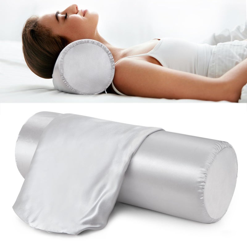 Noverlife 2 Pack 16x6 in Satin Neck Bolster Pillow Covers  Grey Neck Roll Pillow Case Covers with Zipper Soft Silky Round Neck Pillowcases  Machine Washable Silk Cervical Pillow Cases for Skin - Image 1
