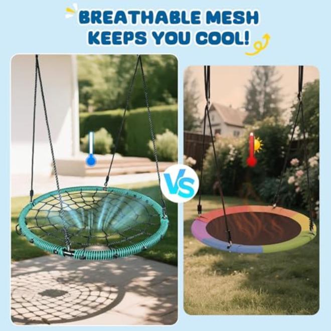 40 Inch Spider Web Tree Swing with Modern Round Net Design – Durable Nylon Ropes Swivel Hook Steel Frame – Outdoor Backyard Play for Kids and Adults Up to 660 Lbs - Image 3