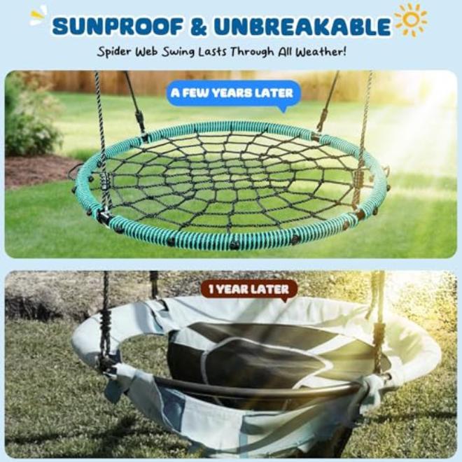 40 Inch Spider Web Tree Swing with Modern Round Net Design – Durable Nylon Ropes Swivel Hook Steel Frame – Outdoor Backyard Play for Kids and Adults Up to 660 Lbs - Image 4