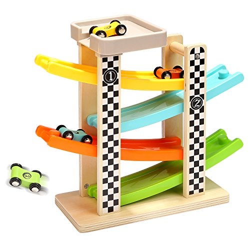 TOP BRIGHT Toddler Toys for 1 2 Year Old Boy and Girl Gifts Wooden Race Track Car Ramp Racer with 4 Mini Car - Image 1
