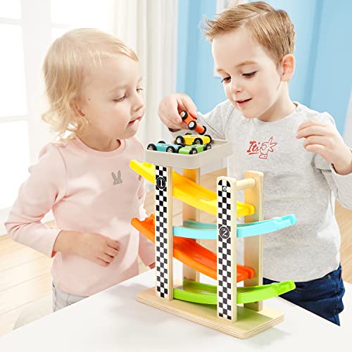 TOP BRIGHT Toddler Toys for 1 2 Year Old Boy and Girl Gifts Wooden Race Track Car Ramp Racer with 4 Mini Car - Image 4