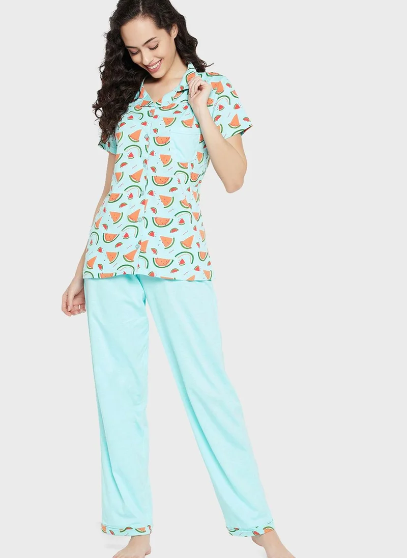 Clovia Printed Shirts & Pyjama Set
