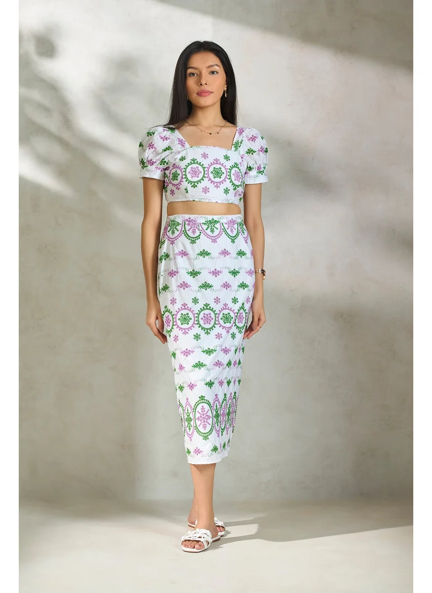 Virgio Virgio Embroidered Schiffli Pure Cotton Midi Skirt