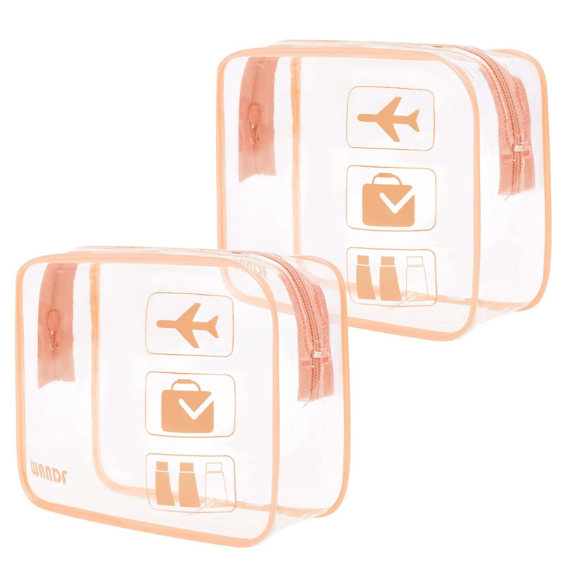 WANDF TSA Approved Clear Travel Toiletry Bag wih Zippers Carryon Travel Accessories Quart Size Toiletries Cosmetic Pouch Makeup Bags for Men and Women 2pcs Lotus Pink 