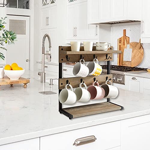 Ibuyke Rustic Coffee Mug Holder Stand, 2 Tier Countertop Mug Tree Holder Rack With Storage Base, Vintage Mug Holders For Kitchen, Holds 8 Mugs, Greige Utbj002Y - Engineered Wood, Tiered Shelf - Image 3