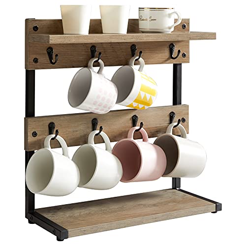 Ibuyke Rustic Coffee Mug Holder Stand, 2 Tier Countertop Mug Tree Holder Rack With Storage Base, Vintage Mug Holders For Kitchen, Holds 8 Mugs, Greige Utbj002Y - Engineered Wood, Tiered Shelf - Image 1