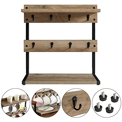 Ibuyke Rustic Coffee Mug Holder Stand, 2 Tier Countertop Mug Tree Holder Rack With Storage Base, Vintage Mug Holders For Kitchen, Holds 8 Mugs, Greige Utbj002Y - Engineered Wood, Tiered Shelf - Image 4