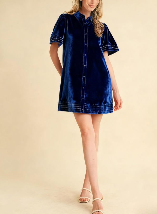 Meyhad Women's Velvet Shirt Dress Lapel Button Down Short Puff Sleeve Mini Dresses Fall Winter Dress with Pockets, Royalblue, XL - Image 5