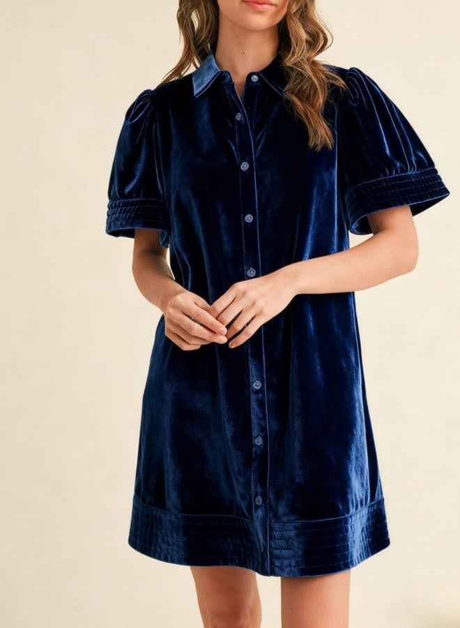 Meyhad Women's Velvet Shirt Dress Lapel Button Down Short Puff Sleeve Mini Dresses Fall Winter Dress with Pockets, Royalblue, XL - Image 2