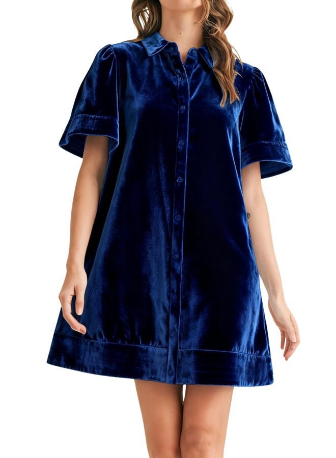 Meyhad Women's Velvet Shirt Dress Lapel Button Down Short Puff Sleeve Mini Dresses Fall Winter Dress with Pockets, Royalblue, XL - Image 1