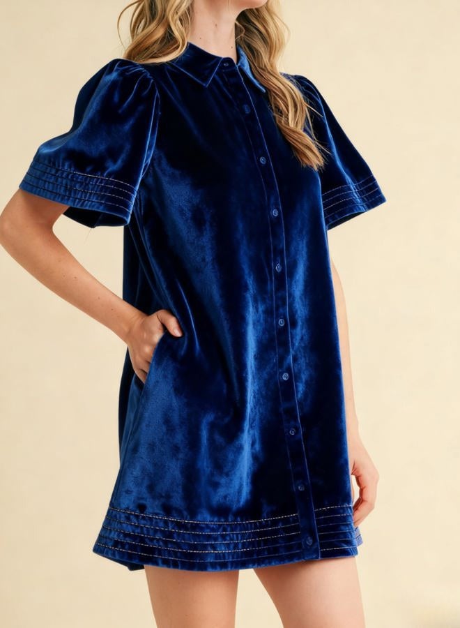 Meyhad Women's Velvet Shirt Dress Lapel Button Down Short Puff Sleeve Mini Dresses Fall Winter Dress with Pockets, Royalblue, XL - Image 4
