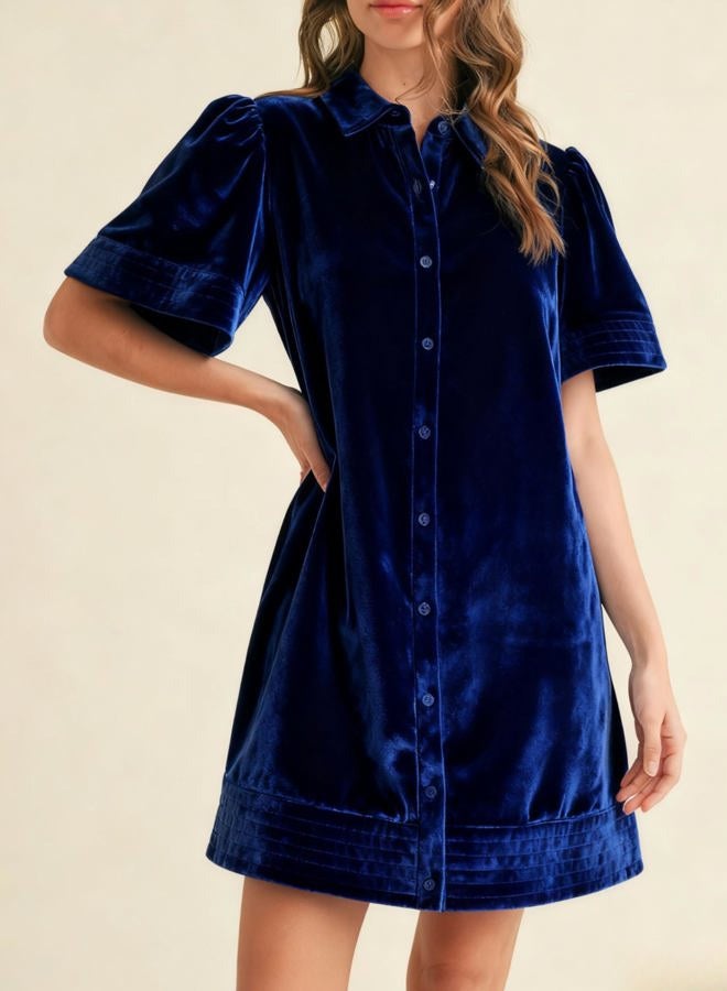Meyhad Women's Velvet Shirt Dress Lapel Button Down Short Puff Sleeve Mini Dresses Fall Winter Dress with Pockets, Royalblue, XL - Image 3