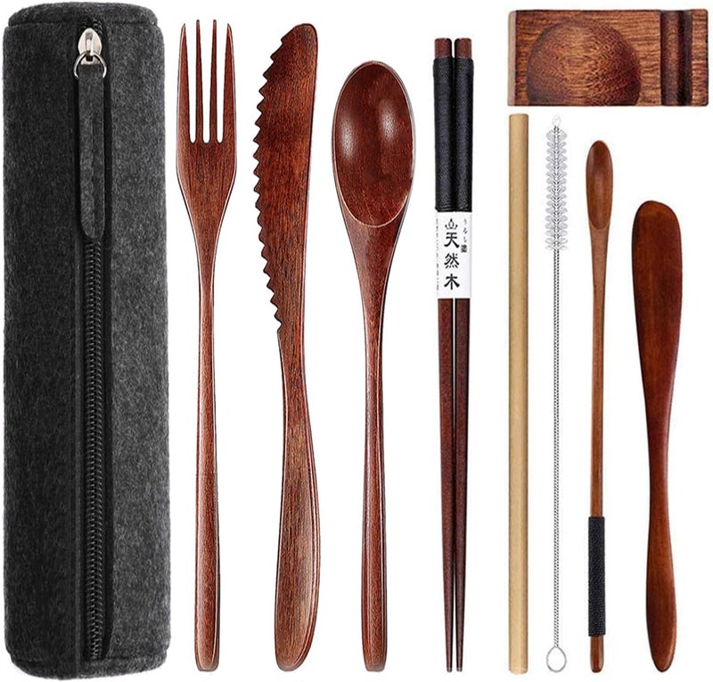 Busnos Wooden Utensils for Eating wooden cutlery set with Updated case Reusable 9 Pcs Travel Utensils Wooden Bamboo Fork and Spoon Set Wood Flatware Set for Eating with Knife Fork Spoon Chopsticks - Image 1