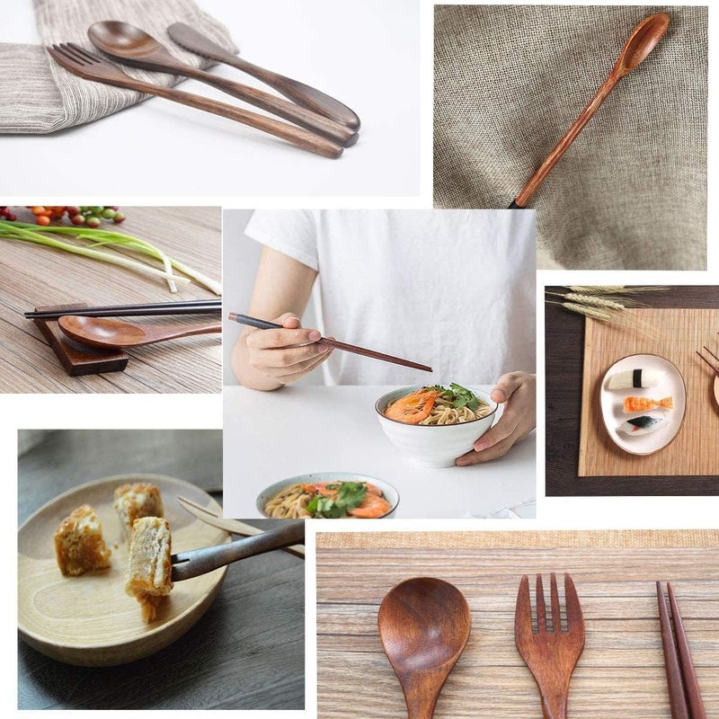 Busnos Wooden Utensils for Eating wooden cutlery set with Updated case Reusable 9 Pcs Travel Utensils Wooden Bamboo Fork and Spoon Set Wood Flatware Set for Eating with Knife Fork Spoon Chopsticks - Image 5