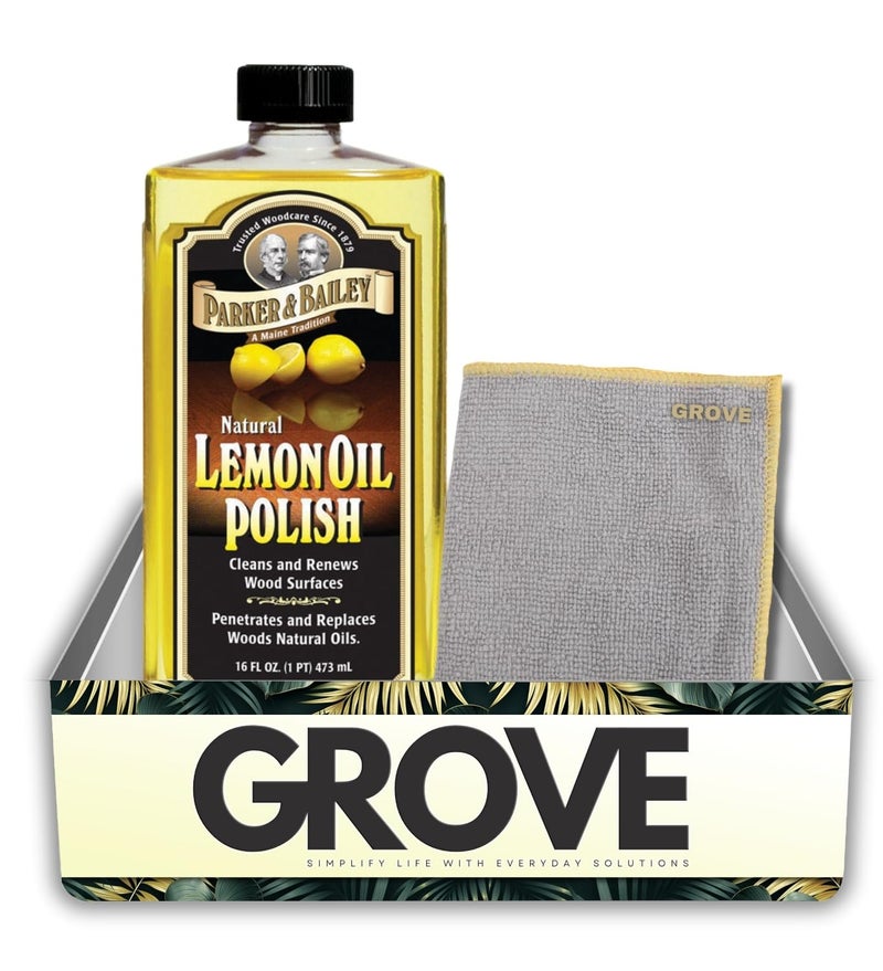 GROVE Parker & Bailey Lemon Scent Lemon Oil 16 oz Liquid Bundle with Microfiber Cloth – Cleans, Conditions, and Protects Wood Furniture and Surfaces – Gift Set (2 Items) - Image 1