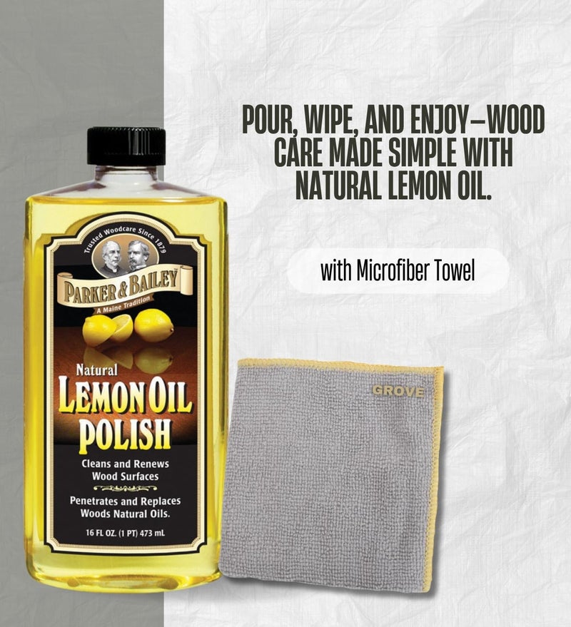 GROVE Parker & Bailey Lemon Scent Lemon Oil 16 oz Liquid Bundle with Microfiber Cloth – Cleans, Conditions, and Protects Wood Furniture and Surfaces – Gift Set (2 Items) - Image 4