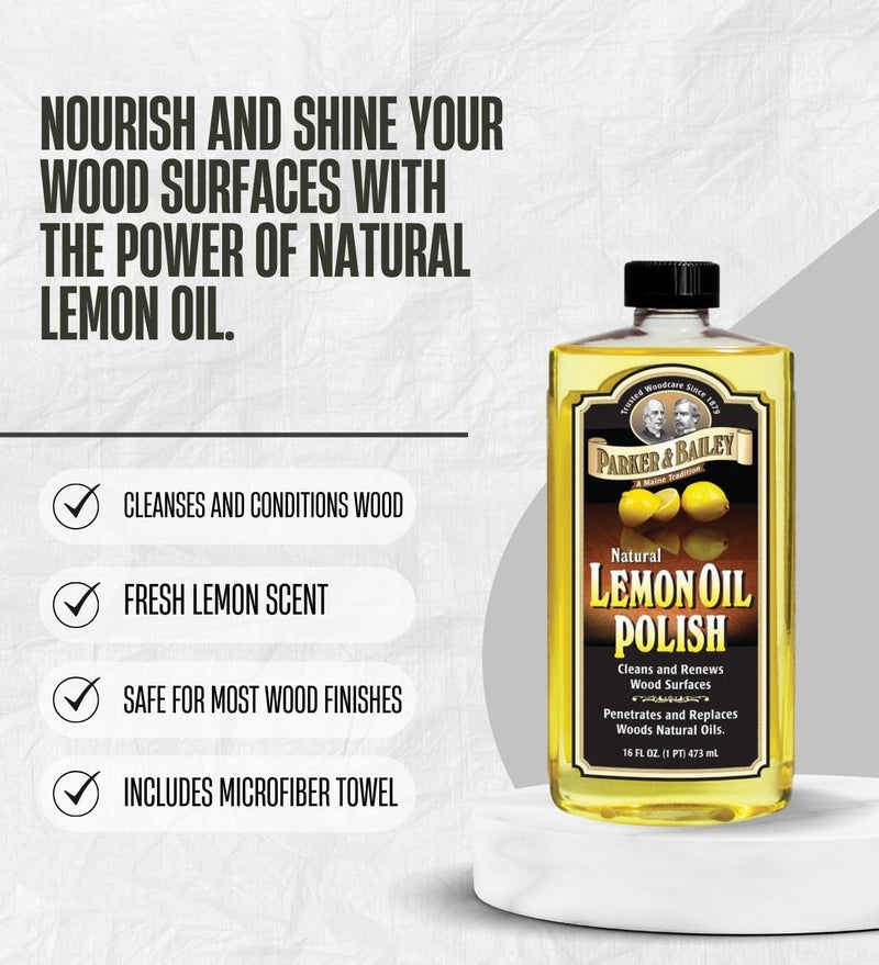 GROVE Parker & Bailey Lemon Scent Lemon Oil 16 oz Liquid Bundle with Microfiber Cloth – Cleans, Conditions, and Protects Wood Furniture and Surfaces – Gift Set (2 Items) - Image 2