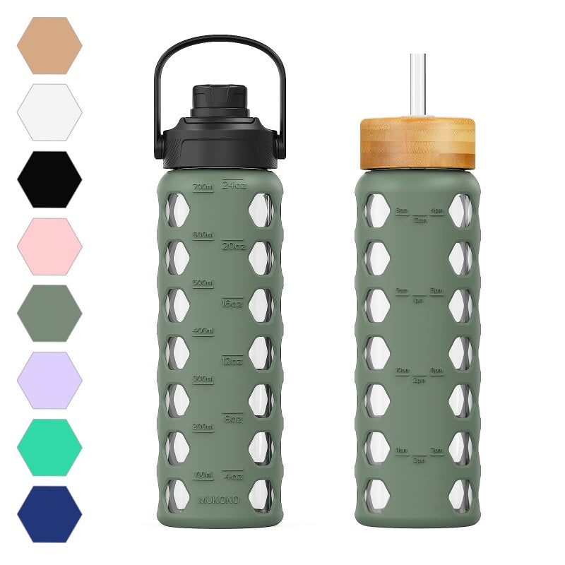 MUKOKO 24oz Glass Water Bottle with 2 LidsHandle Flip LidBamboo Straw LidMotivational Water Tumbler with Time Marker Reminder and Silicone Sleeve LeakproofOlive