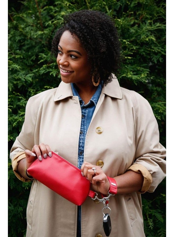 KEYPER KEYPER 2-Piece Luxe Wristlet Set (IT Bag and a Key Ring Bracelet) PU Vegan Leather Classic Clutch Luxury Purse (Red Silver)  - Image 3