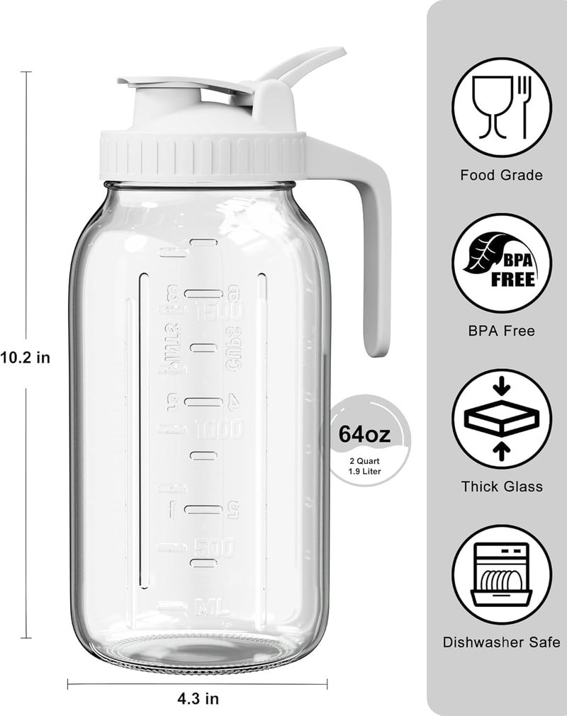 VA1KENE 64oz Glass Pitcher, 2 Quart Mason Jar Pitcher with Lid and Spout | Wide Mouth | Airtight | Leakproof | Glass Water Jug for Juice, Sun Iced Tea, Cold Brew Coffee, Milk Storage, White - Image 2