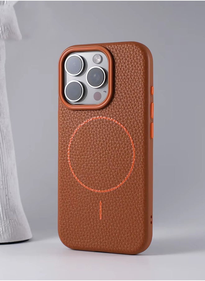 Magsafe Phone Case For iPhone 15 Pro Max With High Quality Rubber Frame And Slim Lychee Pattern Leather Case with Camera Lens Protection Shockproof Cover And support wireless Charging Leather Cover for iPhone 15 Pro Max - Brown