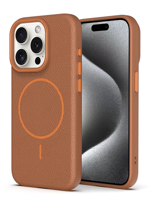 Magsafe Phone Case For iPhone 15 Pro Max With High Quality Rubber Frame And Slim Lychee Pattern Leather Case with Camera Lens Protection Shockproof Cover And support wireless Charging Leather Cover for iPhone 15 Pro Max - Brown